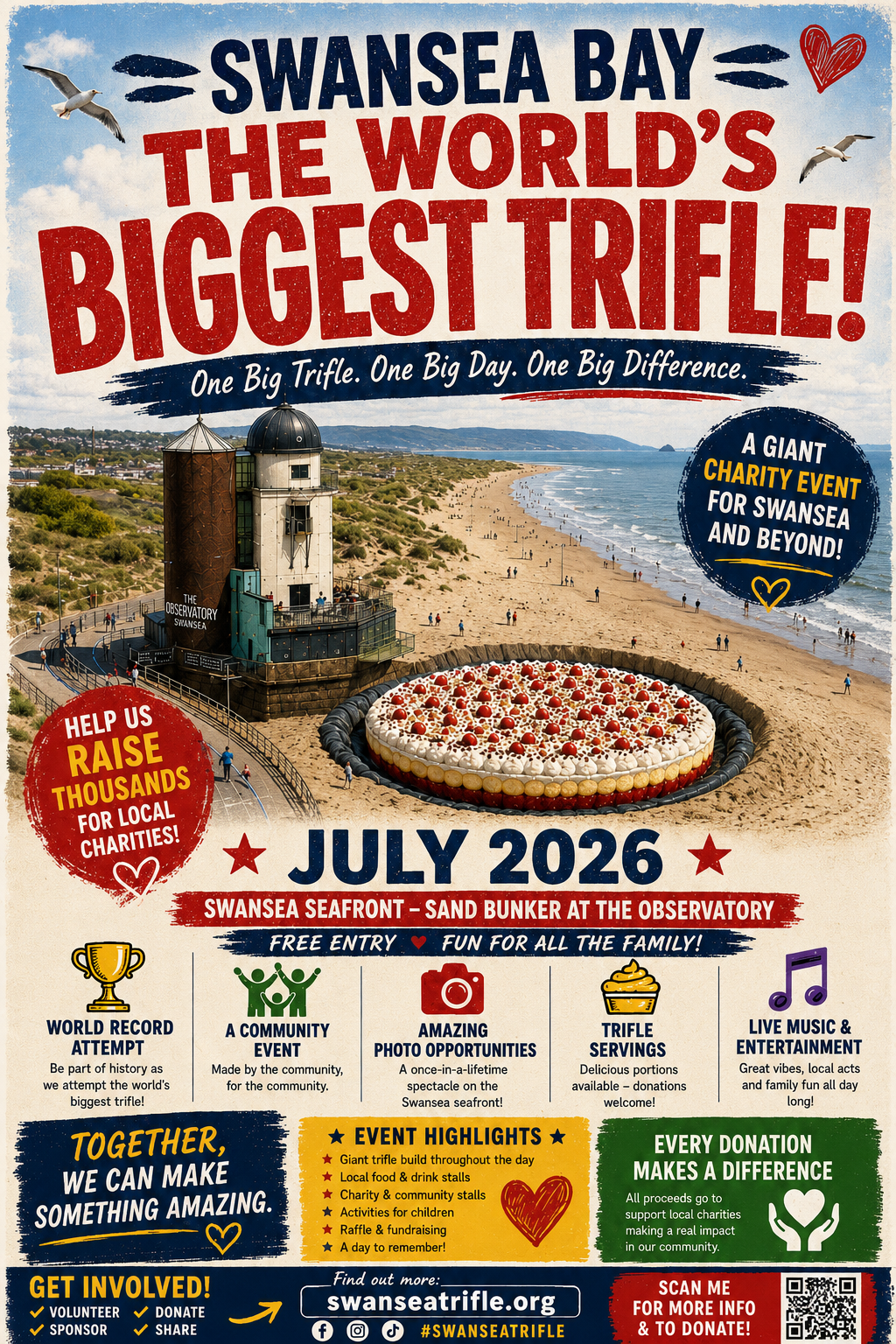 Swansea Bay charity trifle poster showing the July 2026 world record charity trifle attempt at Swansea seafront.